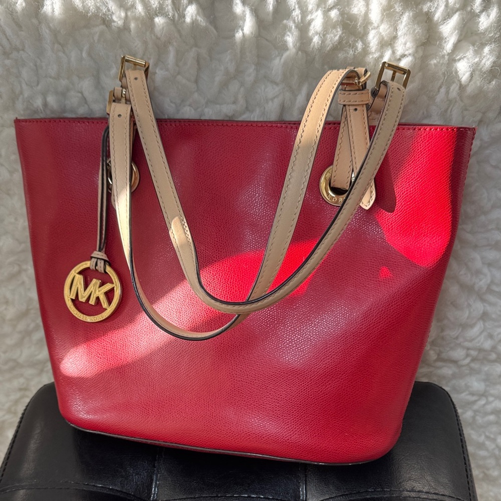 Michael Kors Red Leather Tote with Beige Straps and Gold MK Charm